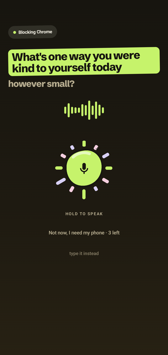 Proof Aloud on a phone: the gate over a blocked app, asking what you like about yourself, with the microphone waiting