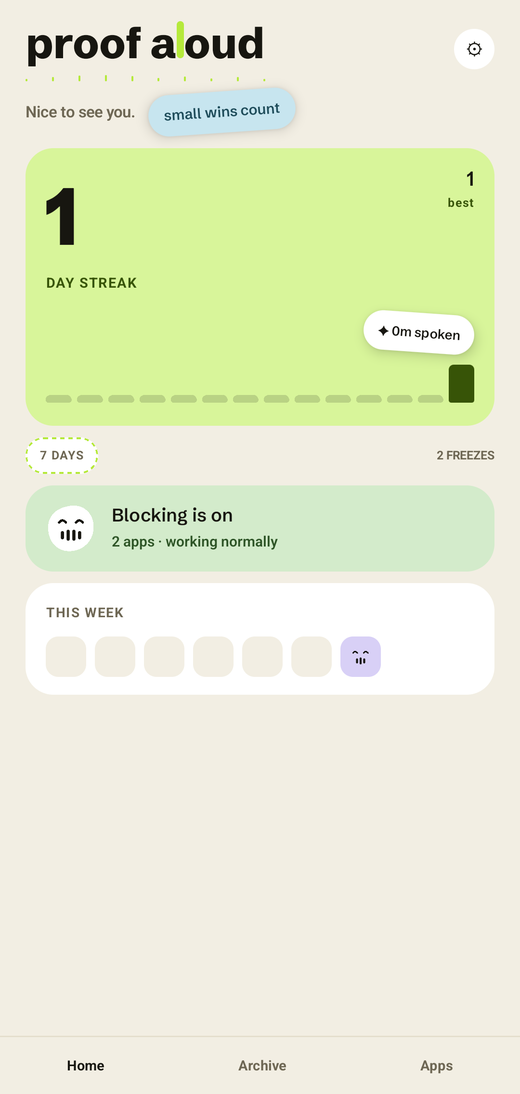 The app's home screen showing blocking is on for two apps and a one day streak