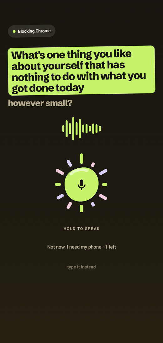 The gate over a blocked app asking what you are good at, with the microphone ready